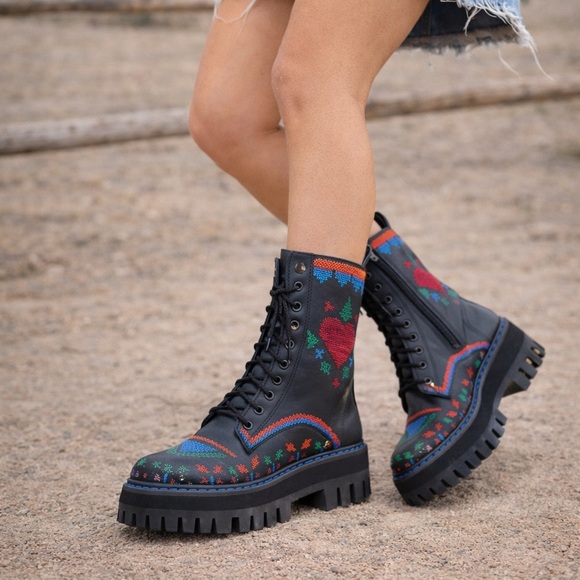 FARM Rio Shoes - Farm Rio Black Mid Boots Heart Stitched Lace Up